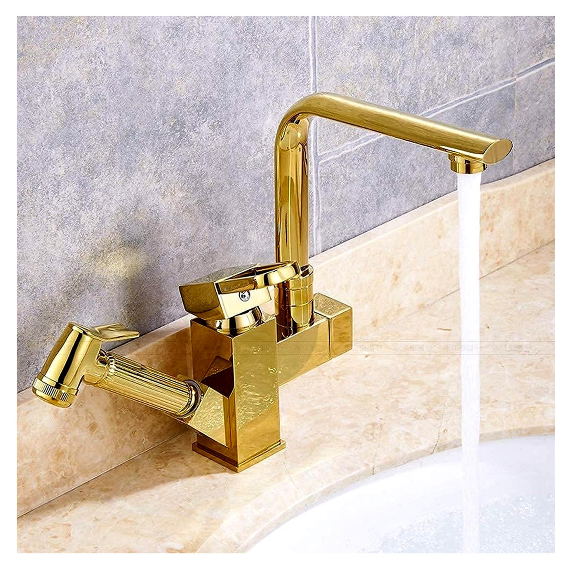 Goldene Küchenarmatur mit herausziehbarem Sprühbelüfter und Einhebelmischer, 36 cm hoch, mit Antikbeschichtung