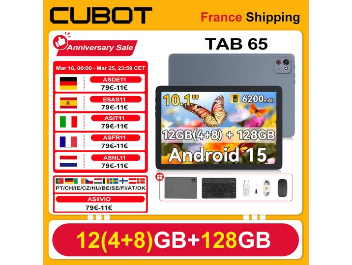 [Expédition depuis la France] Tablette Cubot TAB 65 Android 15 12 Go (4+8) RAM 128 Go ROM 6200 mAh 10,1 pouces HD+ 90 Hz 13 MP Octa-Core OTG