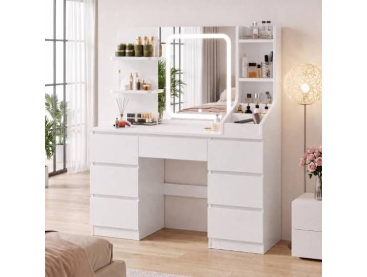 JUMMICO Schminktisch mit LED-Spiegel & Helligkeitsregelung, Großer Make-up-Tisch mit 4 offenen Fächern & 7 Schubladen, Modernes Möbelstück mit viel Stauraum (Perlweiß, Holz)
