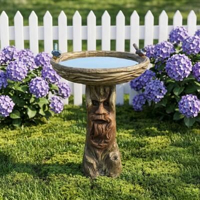 Meedzom Outdoor Bird Bath Whimsical Tree Face Fibre Reinforced Concrete Design for Home Garden Patio Yard Decor