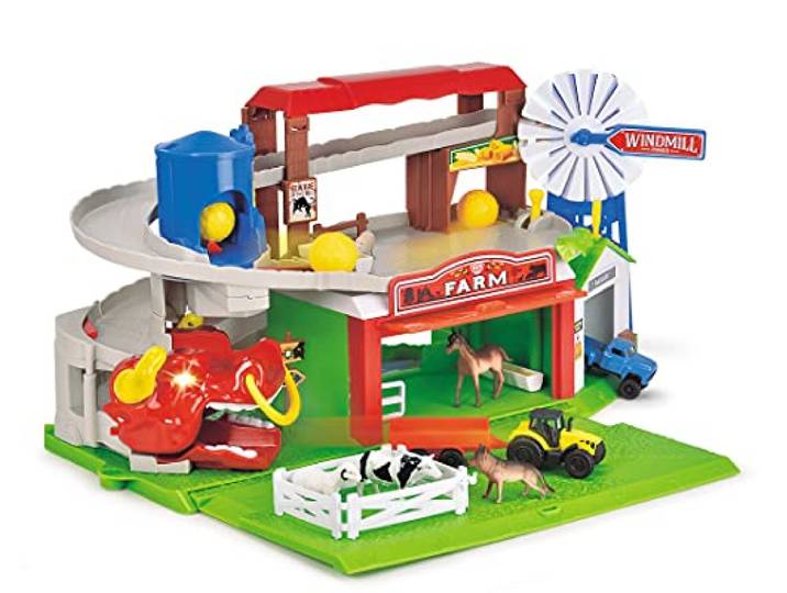 Dickie Toys – Boerderij speelset en parkeergarage – met licht en geluid, incl. voertuigen, lift, boerderijdieren en hooiballen, voor kinderen vanaf 3 jaar, 203739003, meerkleurig