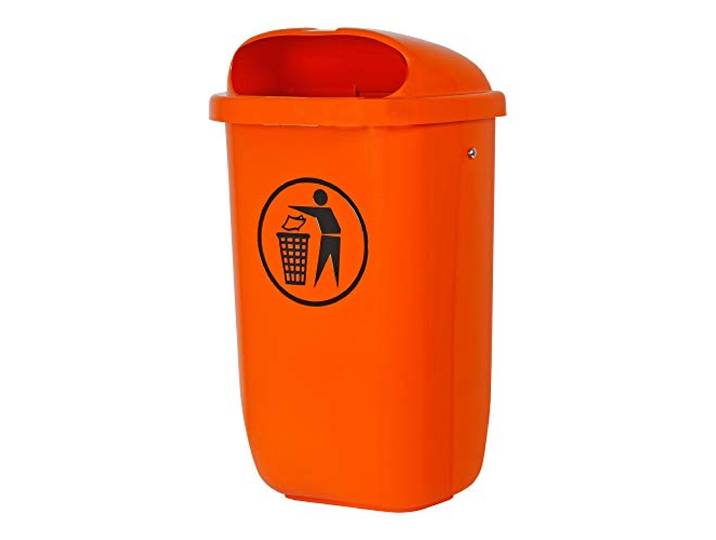 STIER Abfallbehälter mit Regenhaube Volumen: 50 L Farbe: Orange, Abmessung: 432 x 334 x 745 mm, Mülleimer zur Montage an Pfählen, Masten und Wänden