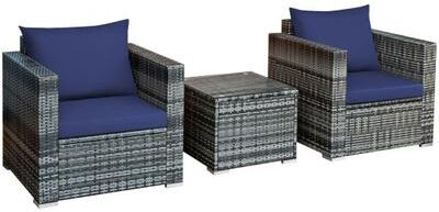 Costway 3 Pcs Patio Rattan Furniture Bistro Sofa Set with Cushioned-Navy