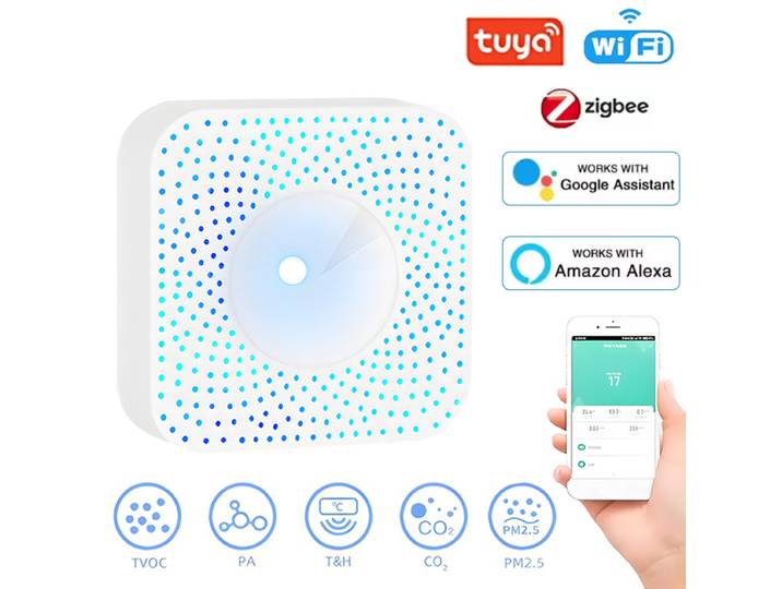 Tuya WIFI/Zigbee boîtier de surveillance intelligent de la qualité de l'air cov HCHO PM2.5 détecteur de gaz température humidité mètre 6 en 1 femme de ménage d'air