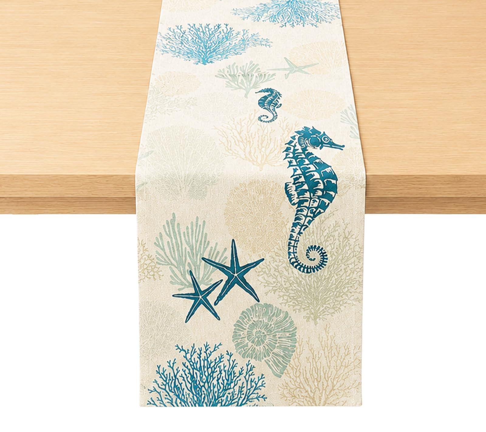 Dripio Tafelkleed met zeepaardjes, schelpen en zeesterren – Oceaan decoratie