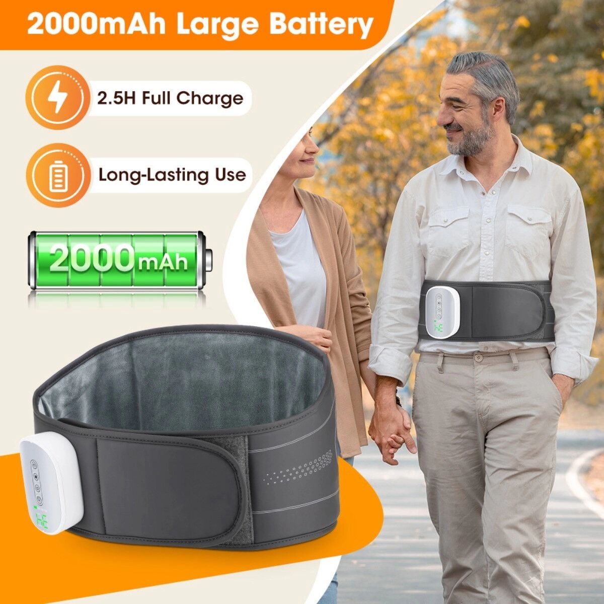 INF Airbag beheizter Massagegürtel Grau – Kabelloser beheizter Lendenwirbel-Massager, 3 Modi, 4 Intensitäten, 40-55℃, 2000mAh,