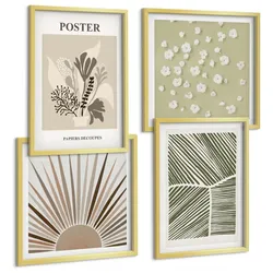 BILDER SET 4er Set - 50x50 cm & 40x60 cm Goldrahmen - Pflanzenmotive in gedeckten Farben