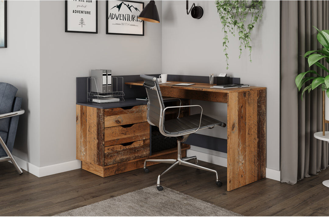 Union Rustic Thoman L-Shaped Writing Desk Dark Brown/Black 84cm H X 129cm W X 105cm D