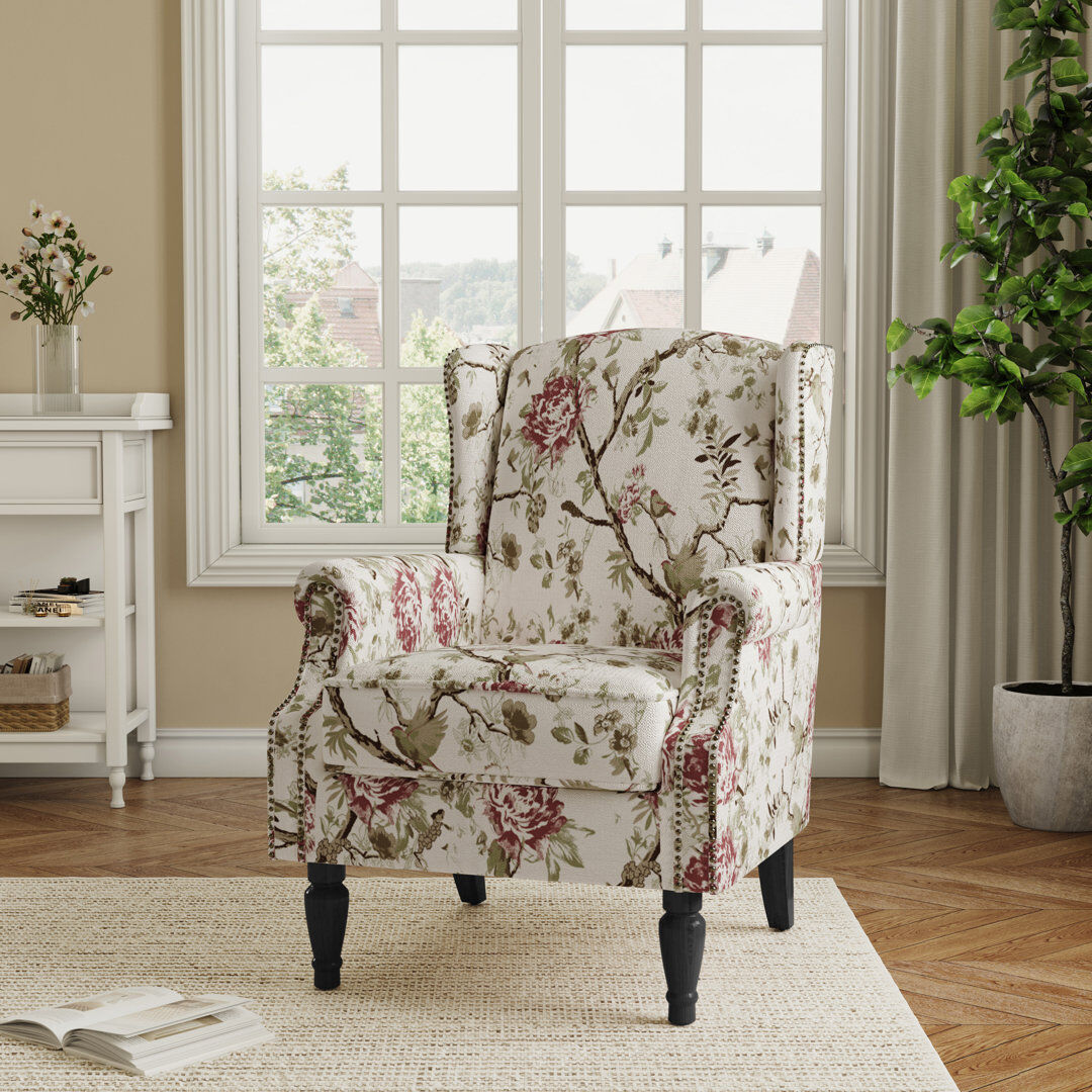 Blue Elephant Upholstered Armchair Floral Bird Beige Polyester/Walnut 94cm H X 70.5cm W X 69cm D