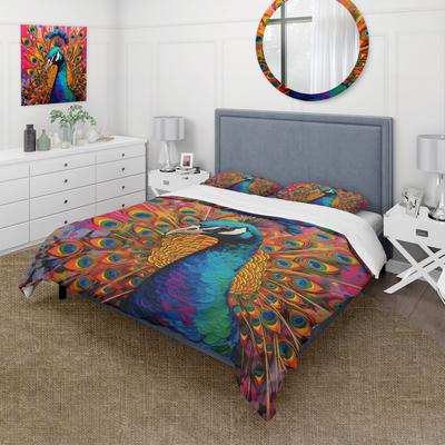 DESIGN ART Designart - Teal Pink Pop Art Peacock - Peacock Bedding Cover Set - Modern Bed Sets With Shams