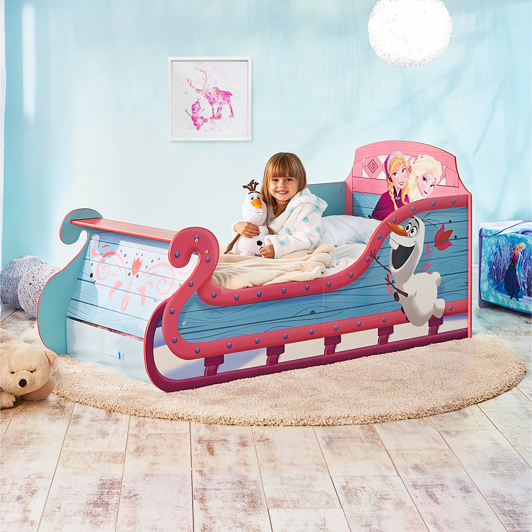 Worlds Appart Kleinkinderbett für Mädchen im Schlittendesign von Disney Die Eiskönigin, mit Stauraum, 452FON