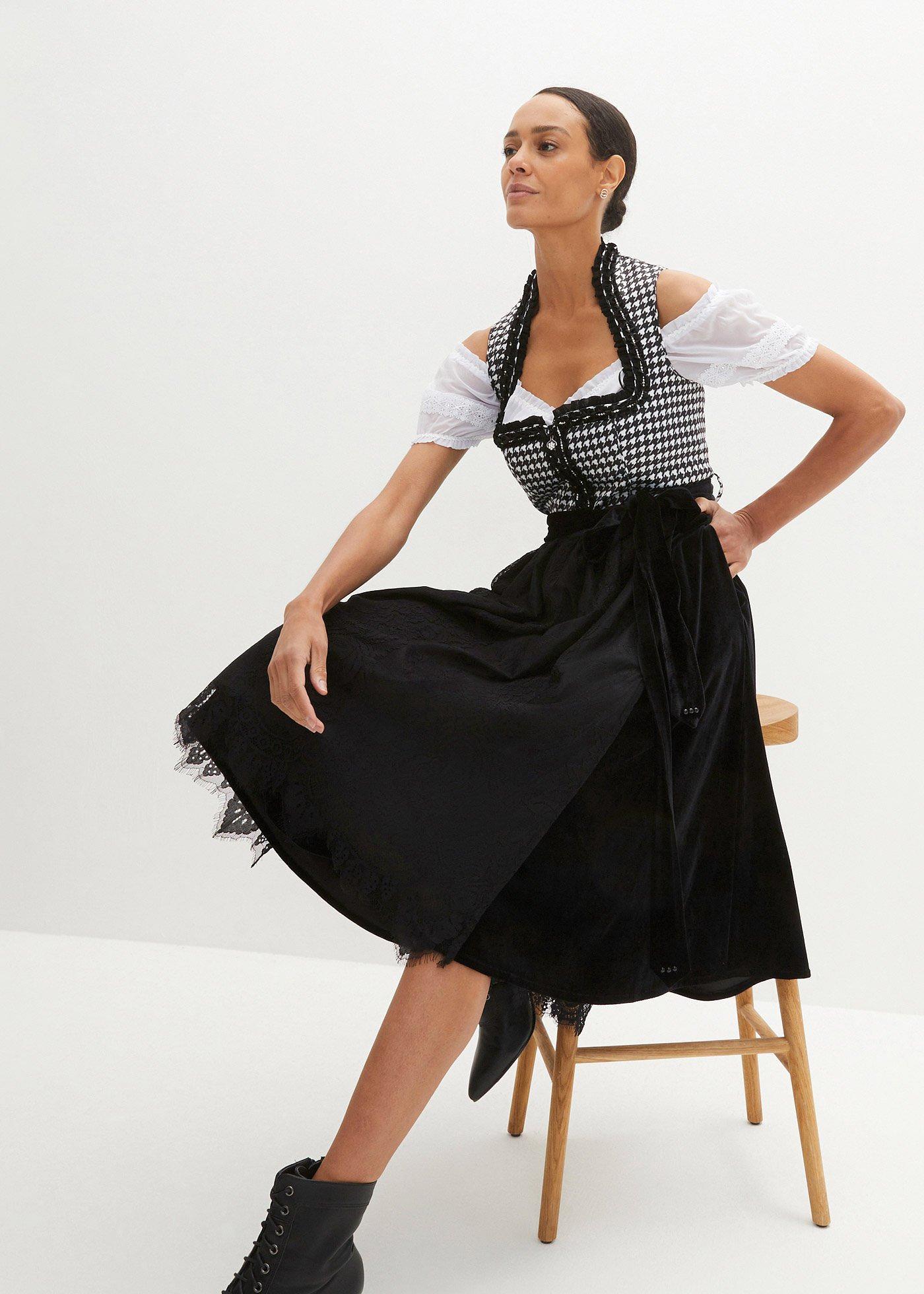 bonprix Dirndl mit Samtrock (2-tlg.Set), schwarz, Gr.50, Hochwertiges Dirndl mit vielen Details und Reißverschluss vorne, aus Satin