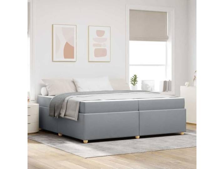 RJPLMFV Doppelbett, 200 x 200 cm mit Matratze, Stoff, hellgrau Holzrahmen, Taschenfedern, mittelfest, schwarze Füße, einfache Montage