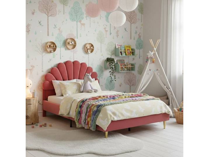 Lit enfant - 140x200cm - lit capitonné - Design Coquillage / Pétale - Structure de lit avec Sommier à Lattes - Velours Corail