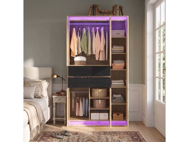 Armoire de chambre 110 x 47 x 200 cm QAVRYL MDF décor chêne anthracite miroir LED 4 tiroirs