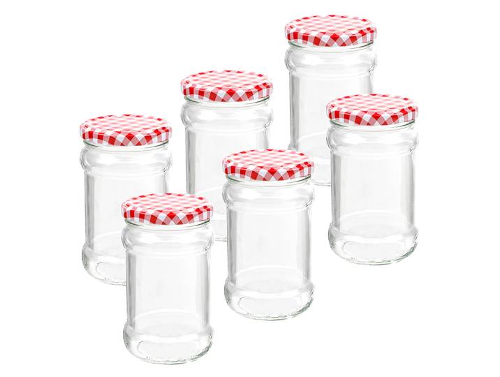 6er-Set Einmachgläser mit Schraubdeckel, Sturzgläser mit Karo-Muster, je 315 ml