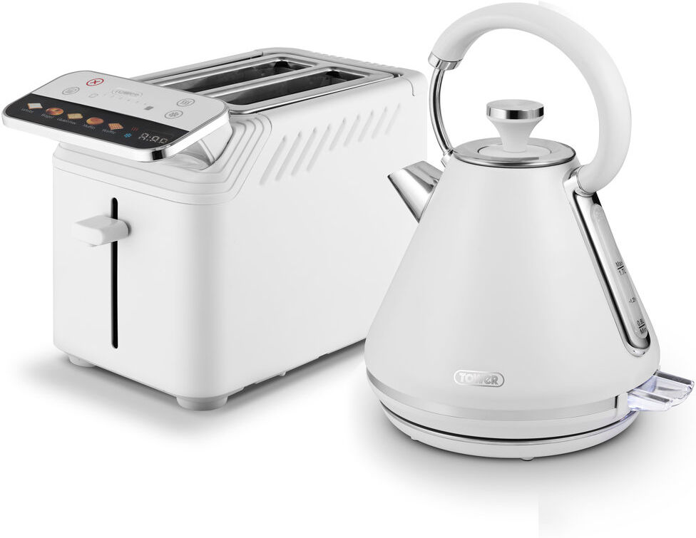 Tower Mirage Kettle with Digital Control Panel,1.7L White and Chrome and Mirage 2 Slice Digital Toaster White with Chrome Trim White 1.7L