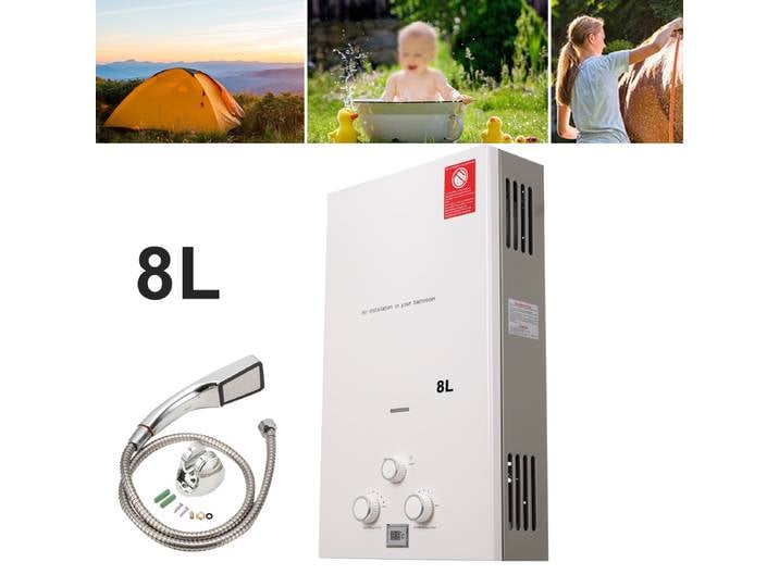 Chauffe-eau au propane liquide 8L, panneau blanc, pomme de douche plaquée par pulvérisation, pour camping extérieur, récupération rapide, en acier inoxydable