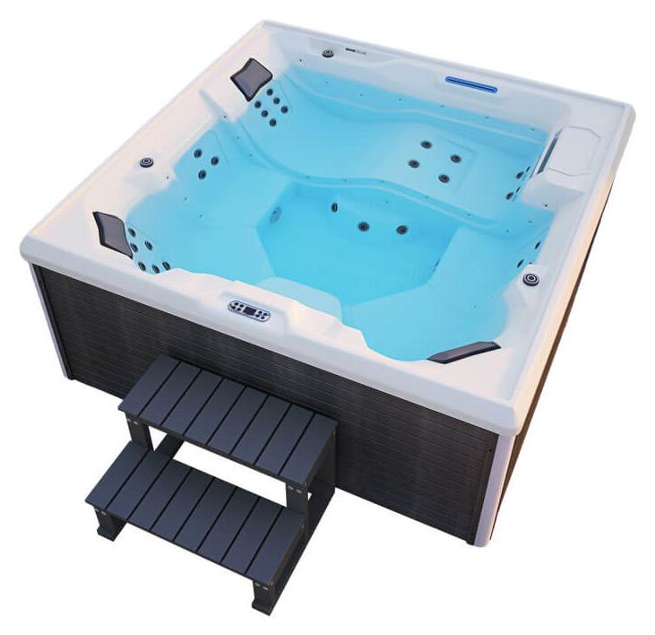 HOME DELUXE - Outdoor Whirlpool - STREAM BIG PLUS Treppe und Thermoabdeckung - Maße: 208 x 208 x 88 cm - Inkl. Heizung, 34 Massagedüsen und 4 äußeren Lichtquellen I Außen Whirlpool Spa für 5 Personen