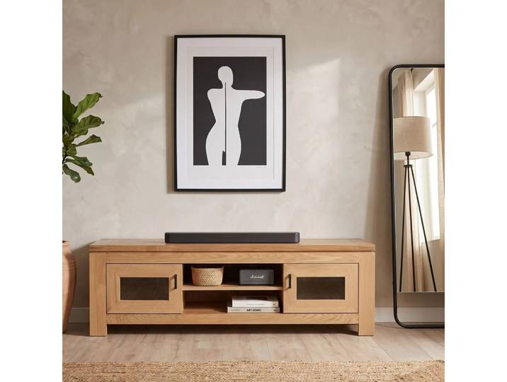 Meuble tv bas moderne en chêne clair 2 portes 2 niches