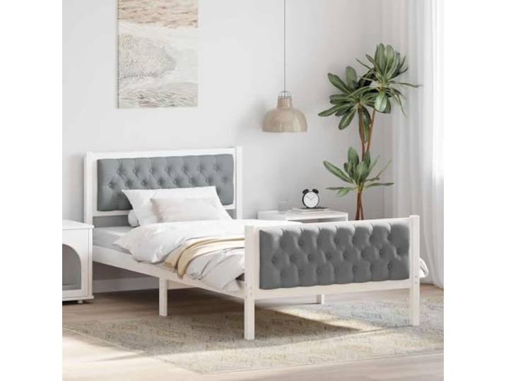 YUOTYRKTEJRSG Massives Kiefernholz Modernes Polsterbett 100x200 Weiß Bettgestell Hellgrau 100x200 cm Massives Kiefernholz mit Polster Kopfteil und Lattenrost Modernes Einzelbett