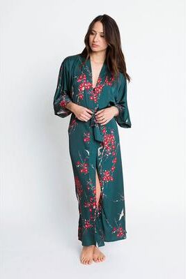KIM + ONO Cherry Blossom & Crane Long Kimono Robe   KIM+ONO - teal / one size