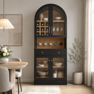 Fundinbaths 70 Inch Arched Bar Cabinet with 9 Wine Racks, Glass Holders, Drawer and Tempered Glass Doors