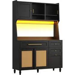 MODFU Hochschrank aus MDF und Partikelplatte, Schwarz, 120x45x195,5 cm, LED, verstellbare Ablagen