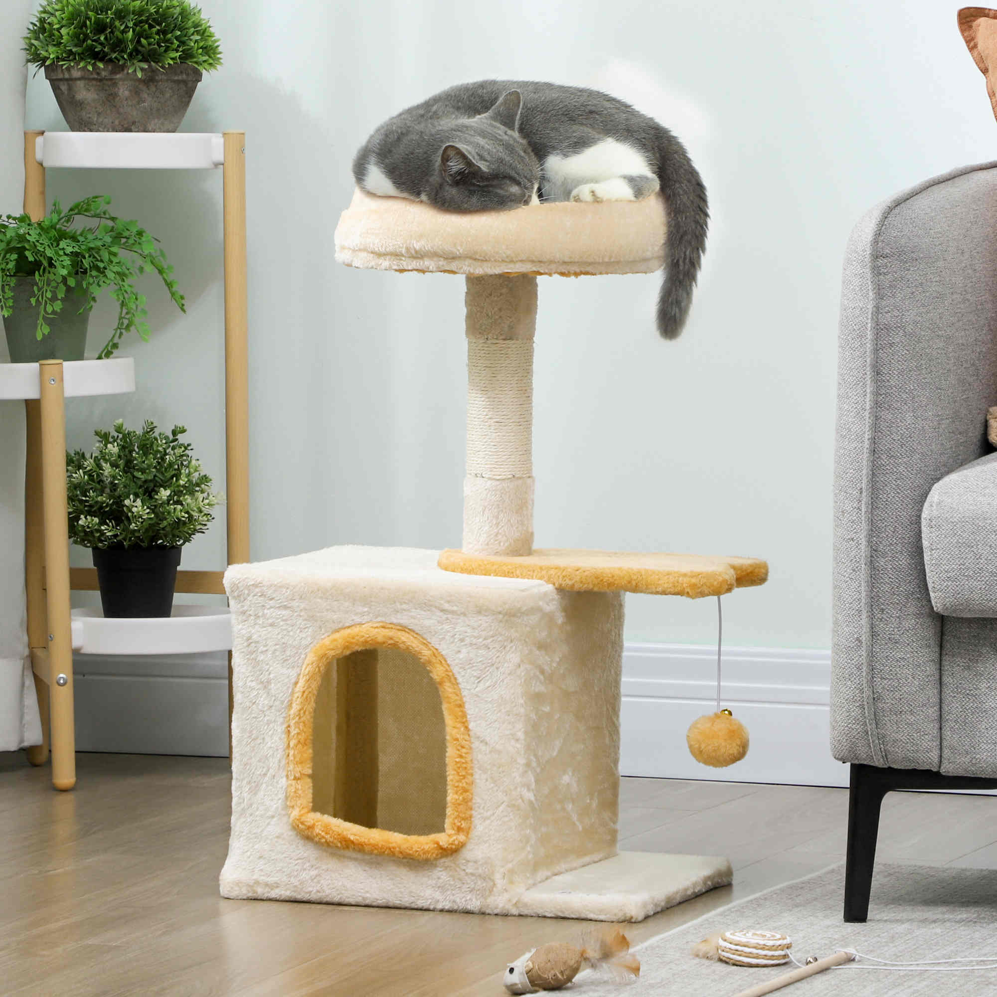 Pawhut Albero Tiragraffi per Gatti con Posatoio e Casetta, in Legno, Peluche e Sisal, 40x30x72 cm, Beige e Giallo   Aosom Italy