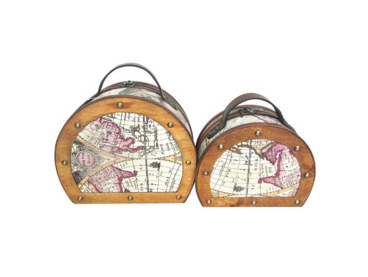 Coffres Boîtes de Rangement Design Valises Vintage Arrondies Rétro Bois Décoration Carte du Monde 23cm et 19cm Set de 2