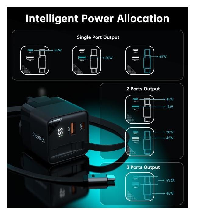 Choetech 65W GaN Reise Ladegerät weltweit mit USB-C, USB-A & integriertem Kabel (65 W, 3 Ports) (68716571)