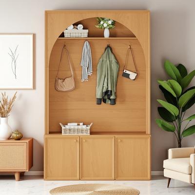 ZWYO HOSIMU Farmhouse All-in-One Hall Tree with Adjustable Shelves, 3 Cabinets and 4 Golden Hooks for Mudroom, Hallway