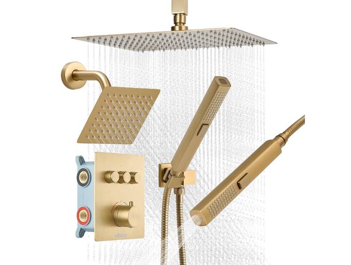 Kit de système de douche VEVOR\, comprenant une douchette de pluie de 30 cm / une douchette murale de 15 cm / (3 fonctions)\, avec finition plaquée or