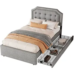 MODFU Gepolstertes Bett 90x200 cm Leinenstoff Grau 2 Schubladen Zierknöpfe Lattenrost Inklusive Modern Komfortabel