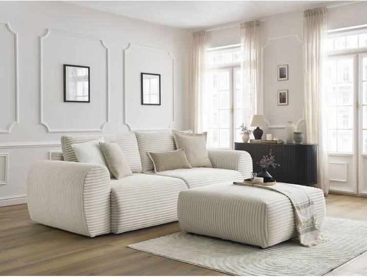 Canapé droit convertible coffre LUCIEN gros côtelé doux avec pouf