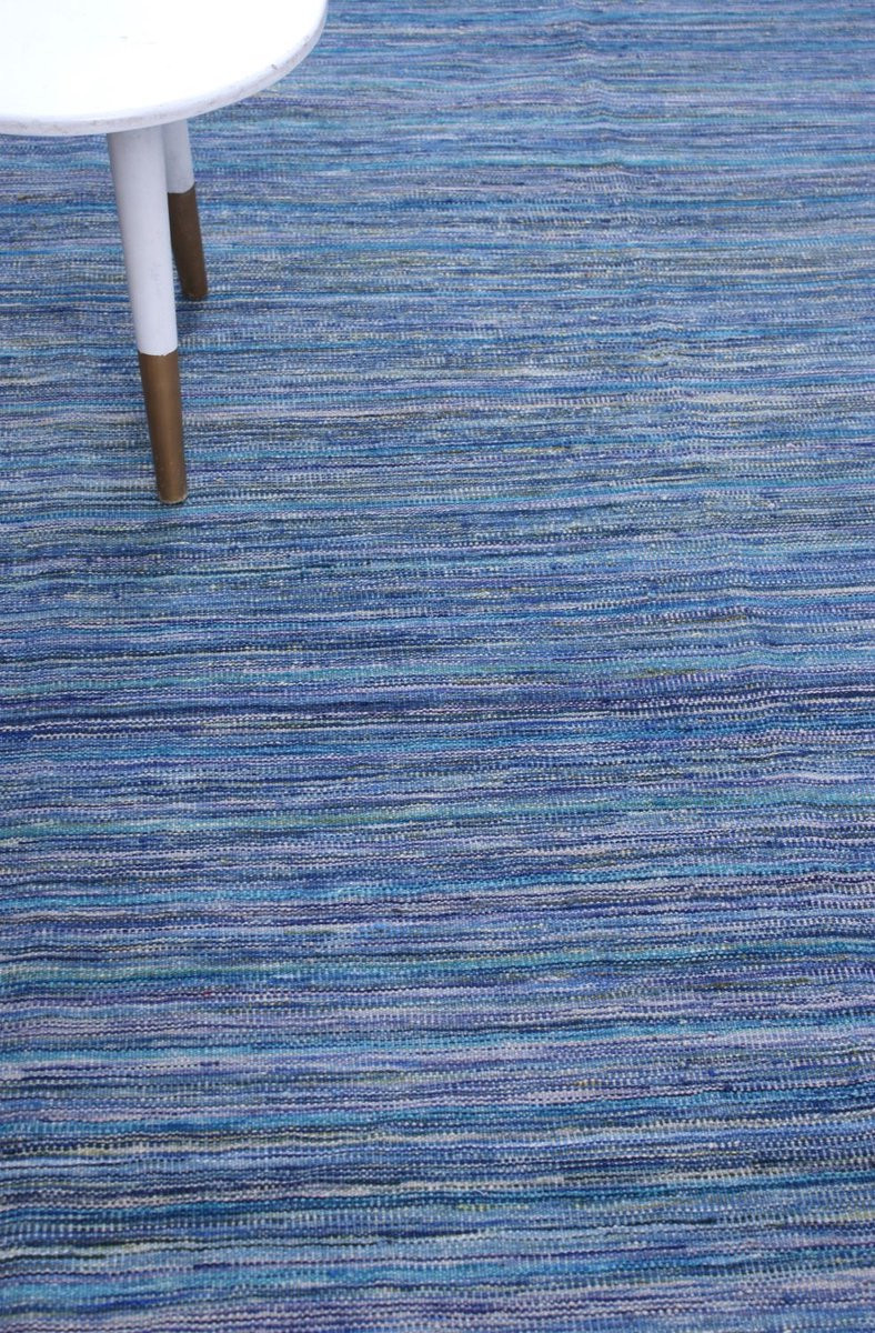 Blauw Handgeweven Laagpolig Wollen Vloerkleed Kelim Modern - Rechthoekig