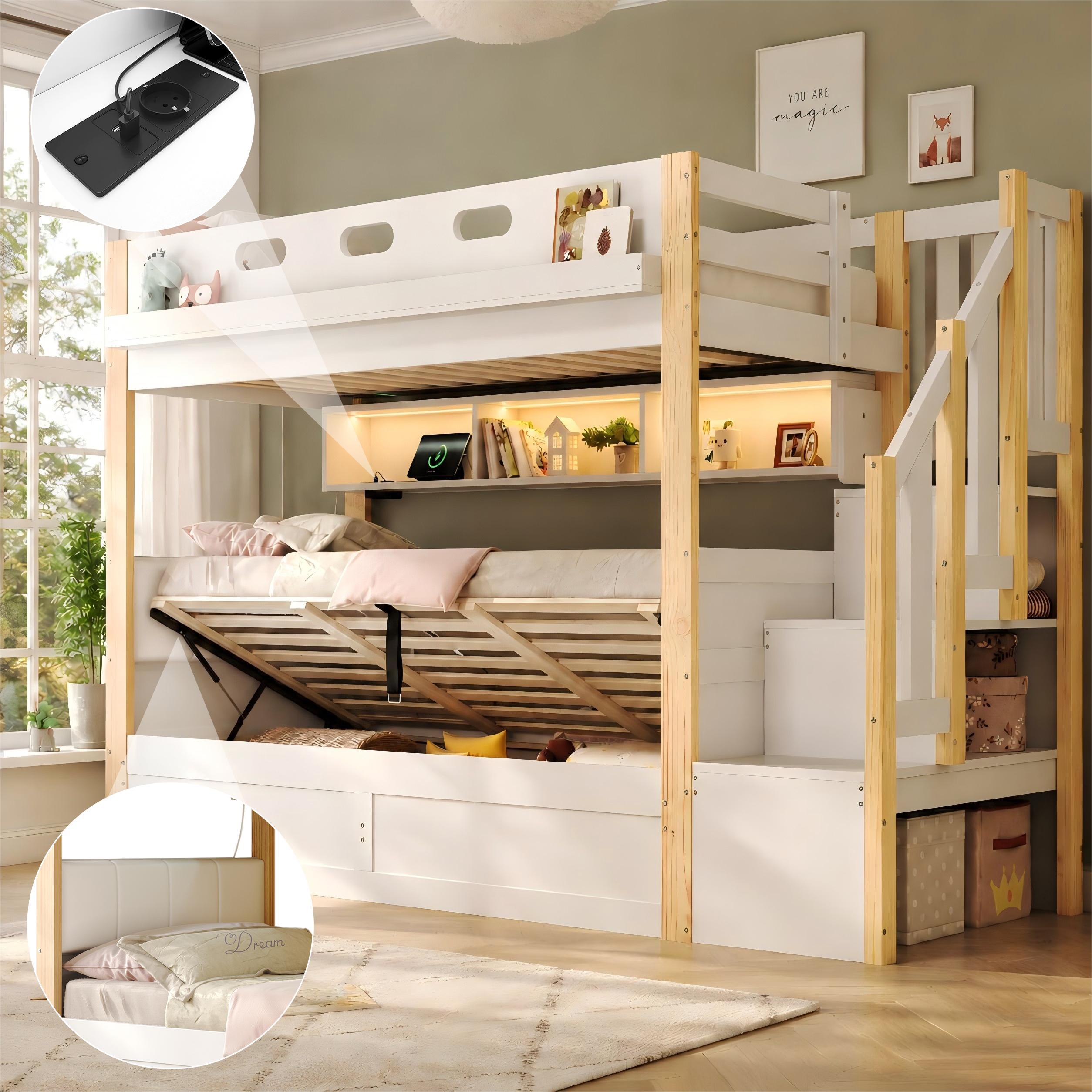 Etagenbett mit hydraulischem Unterbett, Hochbett aus Massivholz, Kinderbett, 90 x 200 und 90 x 200cm, Holzbett, mit LED-Lichtleiste