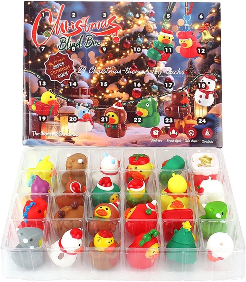 Eenden Adventskalender met 24 unieke eendjes - Geel - B/D/H: 31 x 5 x 22,5 cm