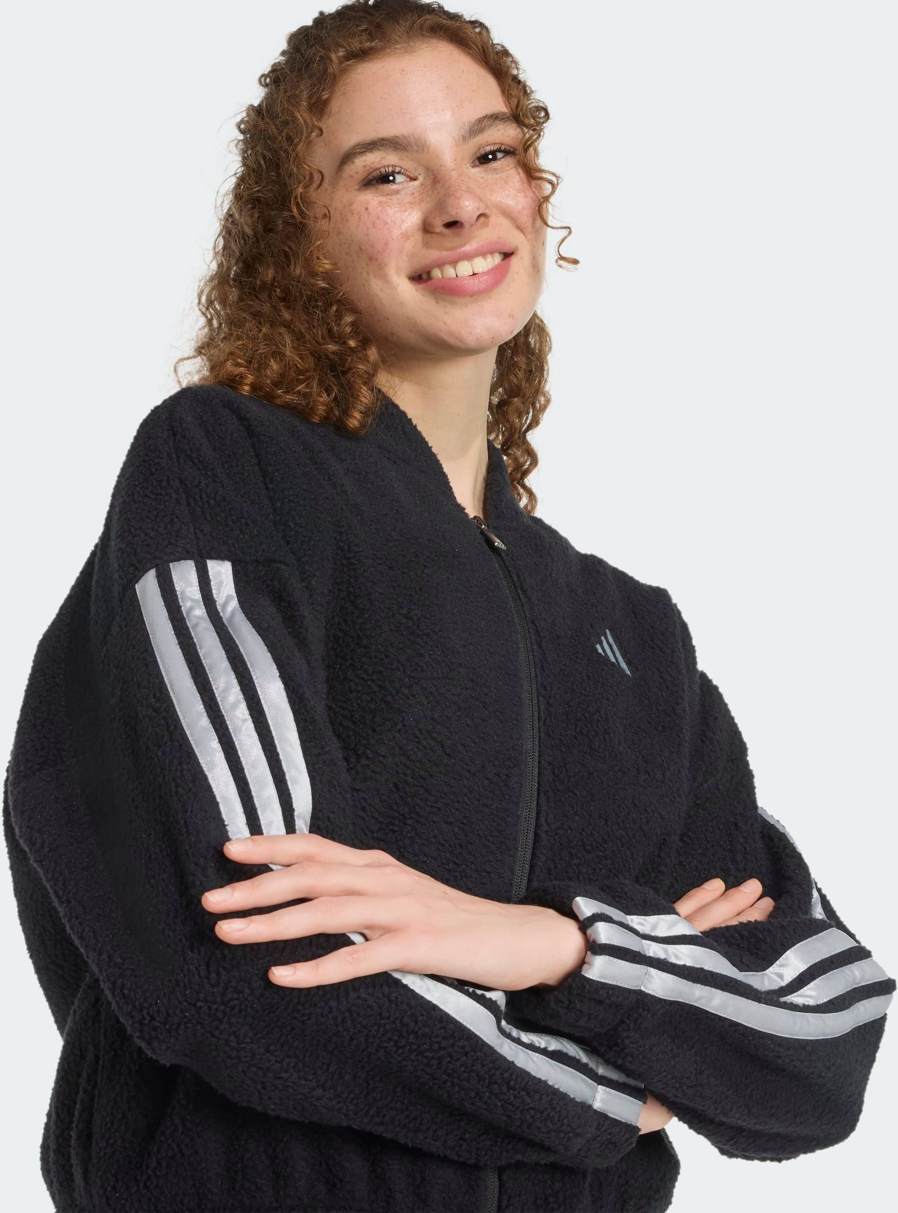 Kapuzensweatshirt ADIDAS SPORTSWEAR "CITY TECH HIGH PILE MIT DURCHGEHENDEM REISSVERSCHLUSS", Damen, Gr. XL, schwarz (schwarz, silber metallic), Obermaterial: 100% Polyester, angesetztes Bündchen, Sweatshirts Kapuzensweatshirt schwarz, silber metallic XL