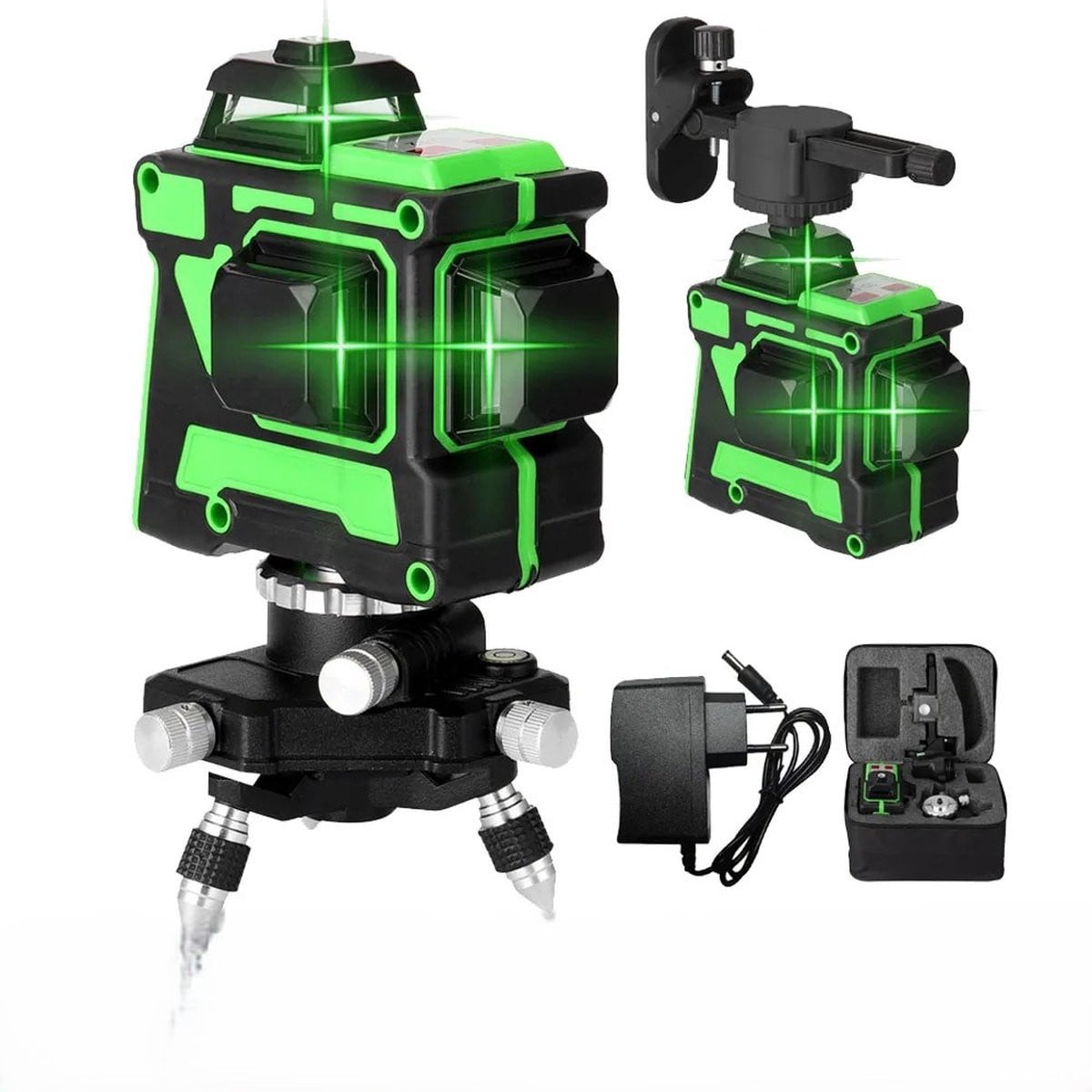 Zelfnivellerende 3D bouwlaser met 12 groene lijnen inclusief draagkoffer