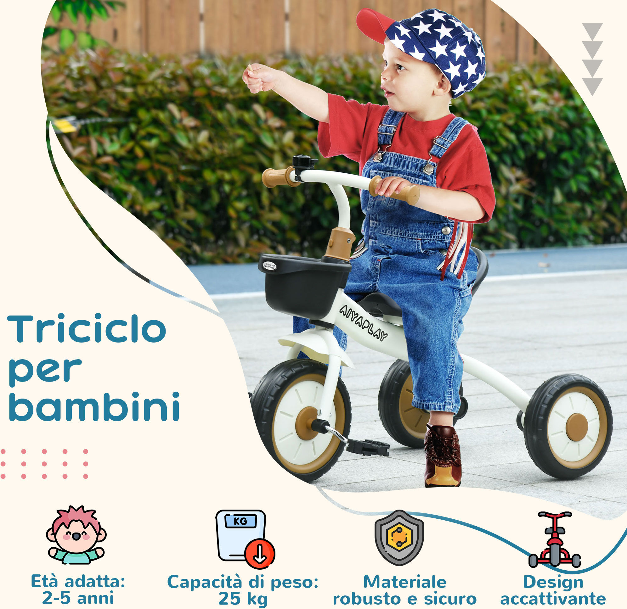 Altro Triciclo Per Bambini Da 2-5 Anni Con Seduta Regolabile E Campanello, 70.5x50x58cm, Bianco