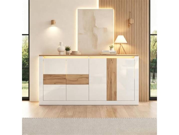 VILUXE Sideboard 140 cm mit RGB LED 4 Türen Weiß Eiche Modernes Sideboard mit RGB-LED, 4 Türen, verstellbaren Einlegeböden und Hochglanzfront, für Wohnzimmer und Esszimmer