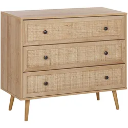 KOMMODE 3 Schubladen Rattan heller Holzfarbton Ponca