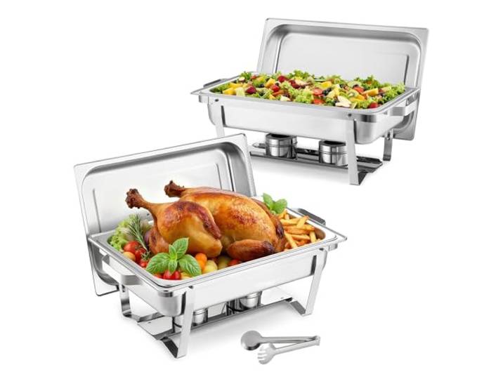 VEVOR Chauffe-Plat Rectangulaire 2PCs 8\,6 L\, Buffet Chauffant à Combustible en INOX\, avec Couvercle\, Poignée Creuse\, 1 Pince à Aliments et Porte-Combustible\, Réchaud pour Banquet Fête Mariage