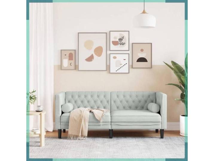 Canapé - Chesterfield - 2 places - velours gris clair - traversins