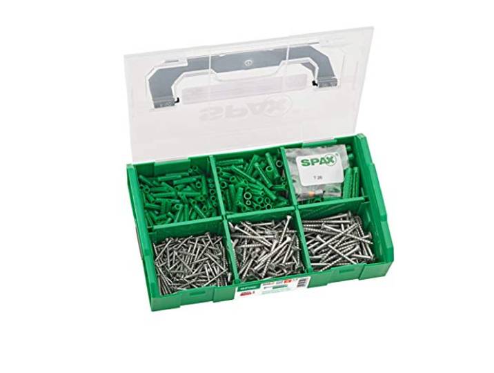 SPAX L-BOXX Mini Coffret de 481 pcs. de Vis WIROX et Chevilles T20 Set de vis universelles T-STAR plus et chevilles avec pointe 4CUT et embout\, idéal pour bois et plastique
