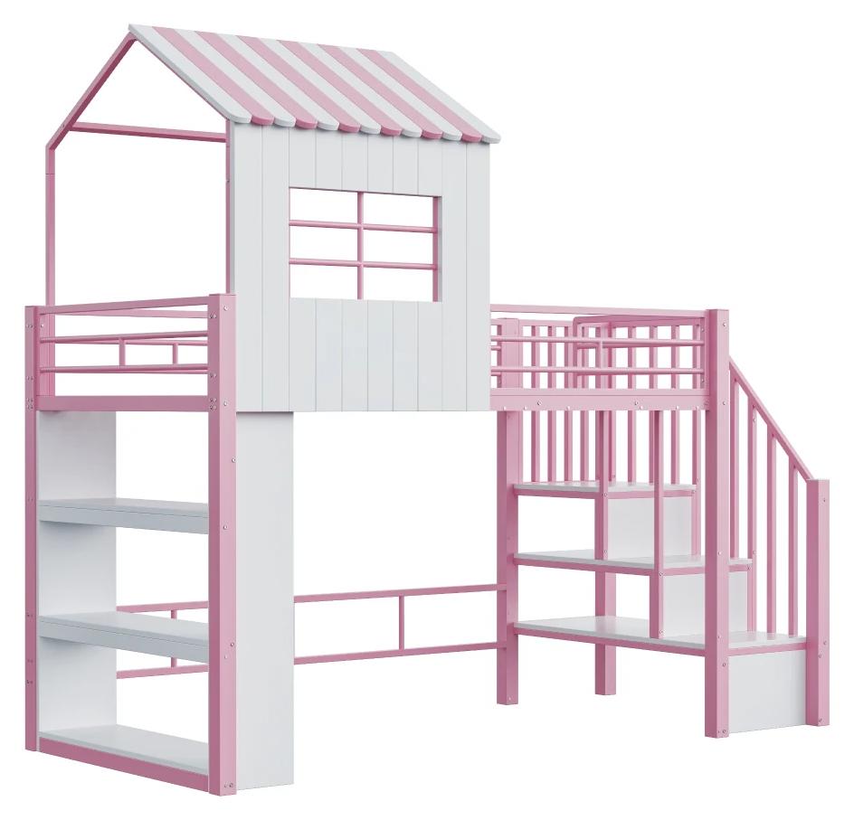 Hochbett - Hausdesign - 90 x 200 cm - Hohes Sicherheitsgitter - Mehrstöckiger Stauraum - Sichere Treppe - Rosa