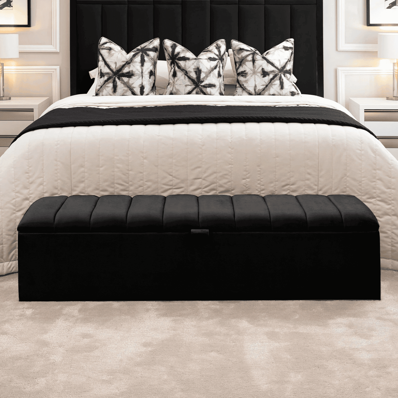 Kensington Noir Black Panelled Ottoman Box, Super King