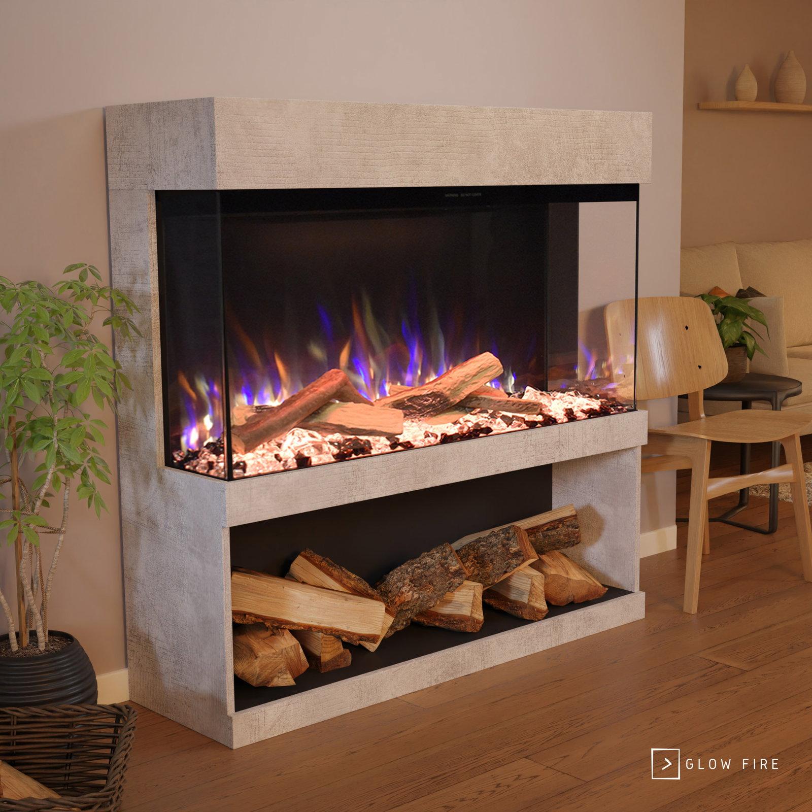 Glow Fire Elektrokamin 'PR17' in Beton| LED Standkamin in Beton mit Heizung (1500 W) | HxBxT: 130x131x40cm