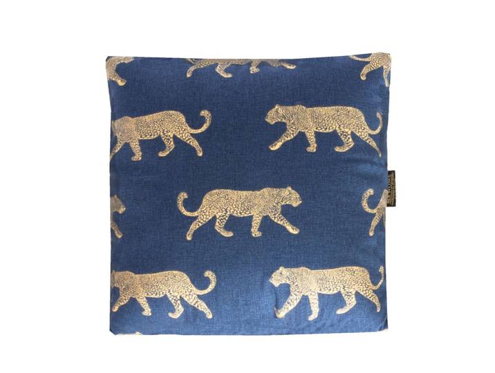 Coussin en coton bleu cyan motif tigre or